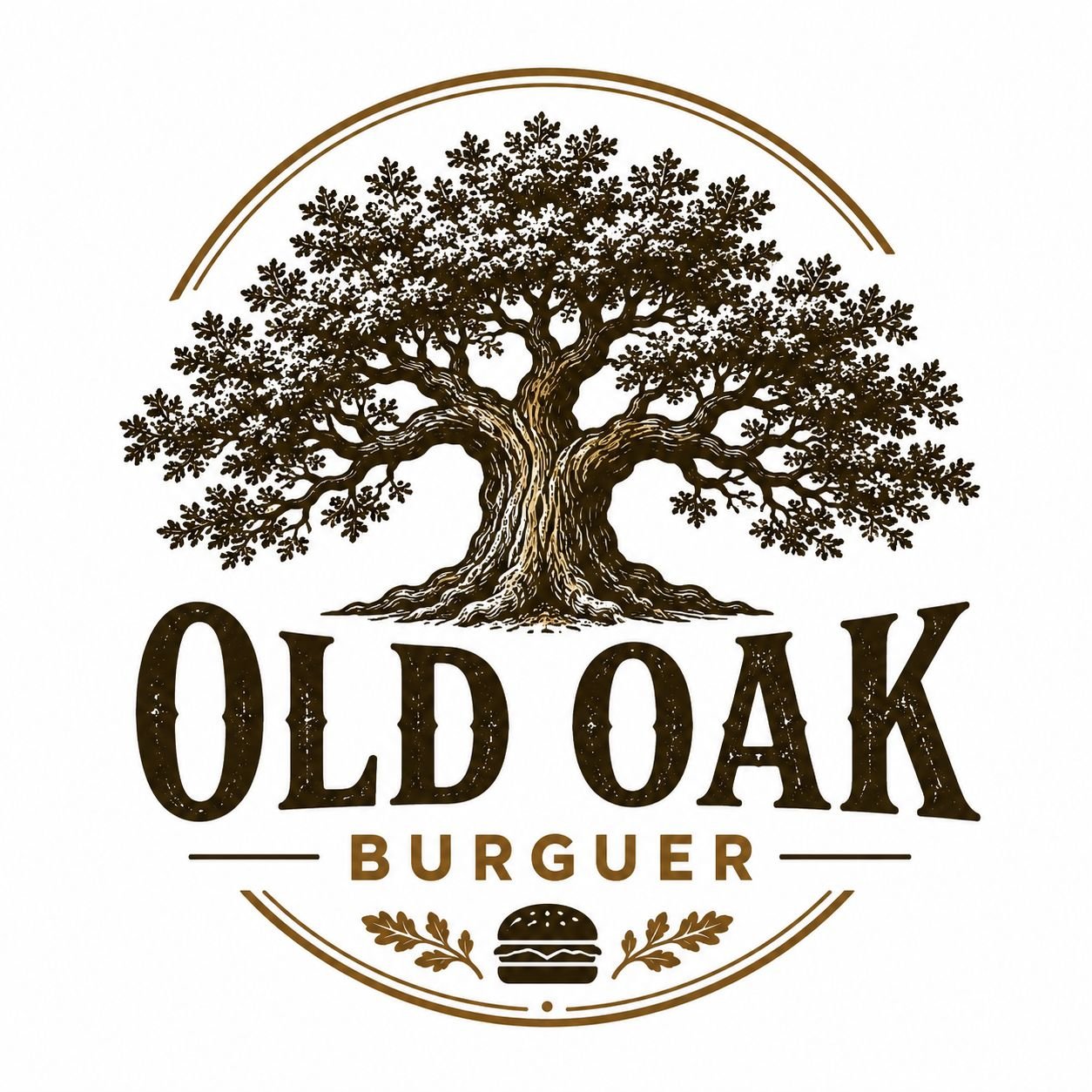Logo Old Oak Burguer — carvalho centenário sobre o nome da casa